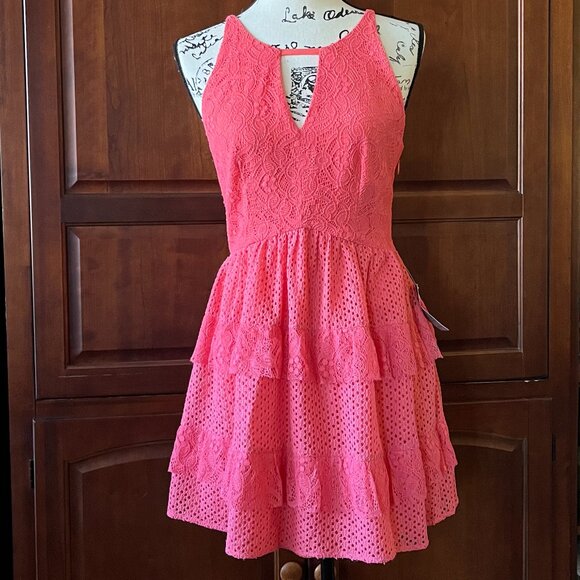 Adelyn Rae Ruffle Lace Dress Coral Pink Small - Picture 1 of 7